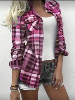 新品未使用　ピンク系チェック柄長袖シャツJPLサイズ