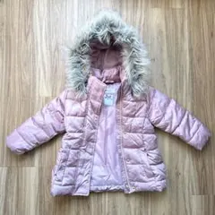 H&M 92cm 汚れあり 洗濯機OK ピンク ダウンコート ファー付きフード