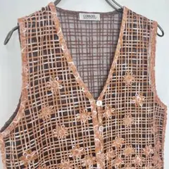 古着 クロシェベスト コード刺繍 かぎ針編み 模様編み 花柄 M レトロ 前開き