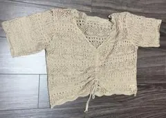 ベージュ レース編み 半袖トップス L