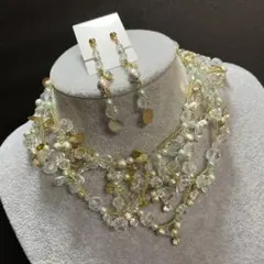 ライトグリーン ゴールド クリア ビーズ デザイン 編み ネックレス イヤリング