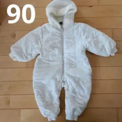 【90cm】ホワイト フード付き キルティングアウター ジャンプスーツ