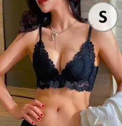 S／ブラック　フロントホック バック紐 ブラジャーショーツセット