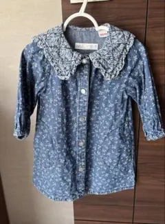 デニムブルー 花柄襟付きワンピース