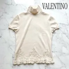 美品　ヴァレンティノ　カシミヤ混　半袖　ハイネックニット　スパンコールレース付 美品 ヴァレンティノ カシミヤ混 半袖 ハイネックニット スパンコール