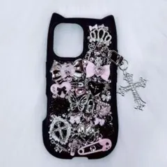 iPhone16ケース デコ電 デコケース 黒 ピンク 猫耳 地雷系 ギャル