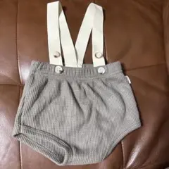 ベージュ リブ編み サスペンダーパンツ