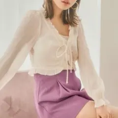 レディース　カーディガン　シフォン　ギャザー　レース　オフホワイト　ベージュ