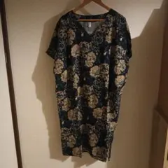 花柄 Vネック 半袖ワンピース ネイビー/ゴールド