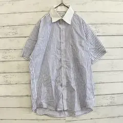 UNIQLO 半袖 ストライプ シャツ L ノンアイロン 綿 ビジネス ホワイト