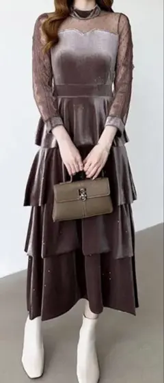 COCOMOMO ティアードベロア ワンピース ダークブラウン 結婚式