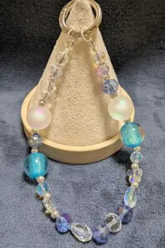 青系ビーズストラップ リング付き