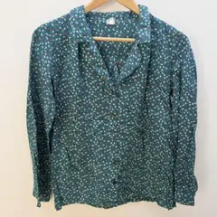 ‼️総柄ブラウス シャツ 長袖 グリーン系 レトロ柄 サイズ40 ヴィンテージ風