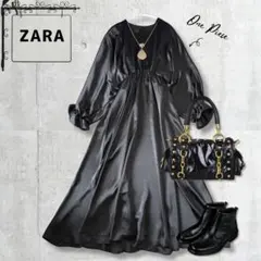 【ZARA】サテン ドルマンスリーブ ロング ワンピース 黒 M ボリューム袖