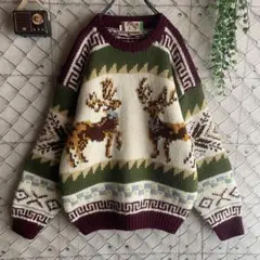 ノルディック柄 ニット セーターアニマル柄 クルーネック 肉厚 ウールXL程