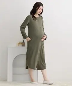 【マタニティウエア・授乳服】前スナップボタン開きワンピースパジャマ　色:カーキ