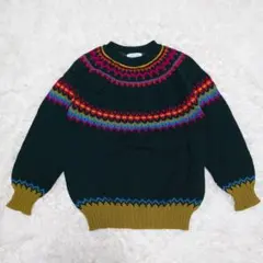 オールドベネトン 90s ノルディック柄 ウール ニットセーター 深緑