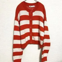 ZARA ニット カーディガン 赤 ボーダー ボタンあり サイズフリー