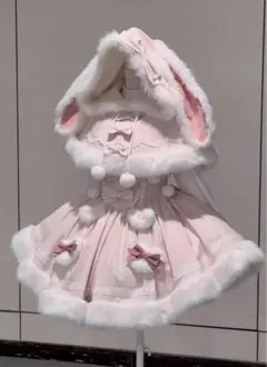 ウサギ耳付きピンクポンチョ フリーサイズ