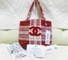 CHANELシャネル☆ノベルティ新品未使用ツイードトートバッグ赤白スパンコール