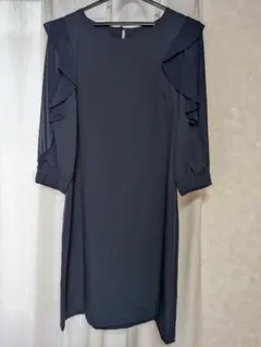 【Sサイズ】ネイビー フリル付き 7分袖 膝丈 パーティドレス