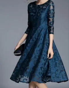 ダークブルー 花柄レース Aラインワンピース　ドレス