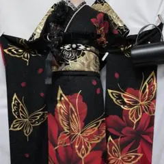 特価】振袖セット ◇161cm墨黒系フルセットギャル金正絹ブラック系St09 
