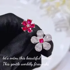 高級 SONA ダイヤモンド　フラワー　オープンリング　ルビー　シルバー　上品