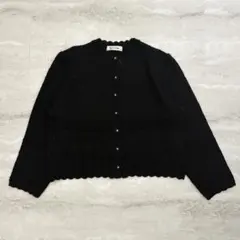 ウール100% 透かし編み カーディガン スカラップ 装飾ボタン黒 M