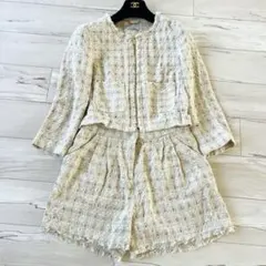 【【美品】マックスアンドコー　ツイード　ノーカラーセットアップ　ゴールドジップ