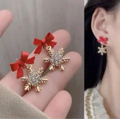 EL100]ビジュー リボン かざばな ピアス　ゆき　クリスマス