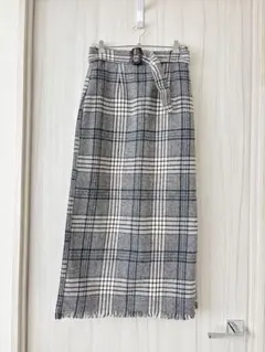 グレー系チェックロングスカート ウエストベルト付き