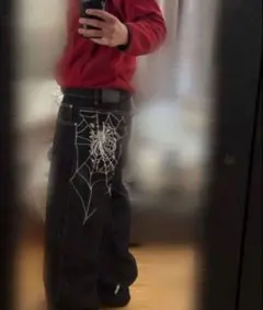 スパイダーウェブ 刺繍 ワイド デニム パンツ ブラック swag y2k 