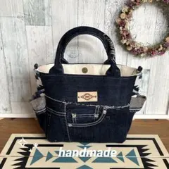 オルテガ柄(ネイビー×レッド)♡デニムリメイクトートバッグ☆サイドポケット