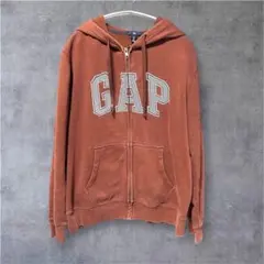 OLD GAP ジップパーカー ブラウン 00s y2k ビッグ刺繍ロゴ　裏起毛