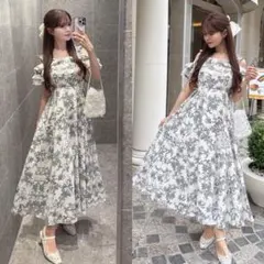 花柄フリルオフショルダーフレアワンピース GRL