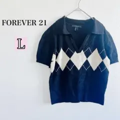 美品 FOREVER 21 アーガイル柄 半袖ニット 【L】 ミニ丈 ブラック