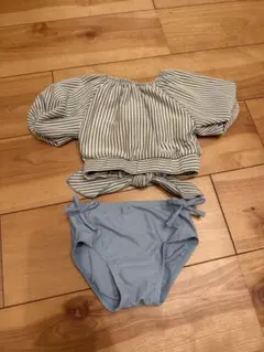 キッズ 水着 セパレート 95 くすみブルー ストライプ 女の子 ビキニ