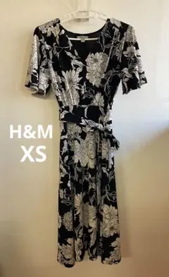 H&M フラワープリント ワンピース 黒 XS