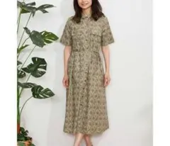 【美品】ゴールデンベア総柄シャツワンピース　ライトグリーン　Lサイズ 紐付きのサムネイル