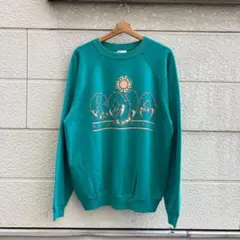 80s 90s USA製 古着 緑 スウェット 太陽 メッセージ vintage