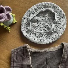 ベレー帽(手編み品)ライトグレー