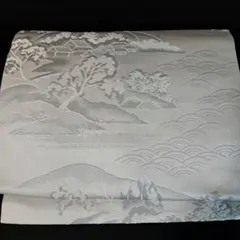NN1-3★逸品★正絹★淡いシルバーグレー 風景図模様 名古屋帯