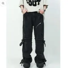 韓国 ストリート ダメージ カーゴパンツ ベルト ジップ パンク 地雷系 黒 L