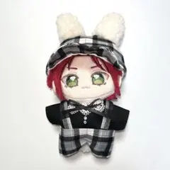 ぬい服　12㎝ぬいぐるみサイズ　いつぬい　耳付き帽子３点セット　黒チェックうさぎ