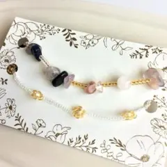 【2連セット】 天然石 パープル ゴールド 花 ビーズブレスレット ハンドメイド