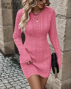 ケーブル柄 ラウンドネック 長袖 カジュアルニットワンピース 秋冬向け