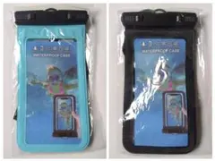 【ネックストラップ付き】スマホ　防水ケース　ブルー　ブラック　セット