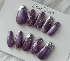 マグネットネイルパープルガラスフレンチネイルニュアンスネイル結婚式