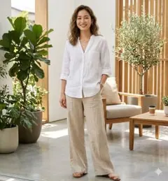 美品 ZARA BASIC リネン100% 長袖シャツ ホワイト Vネックのサムネイル